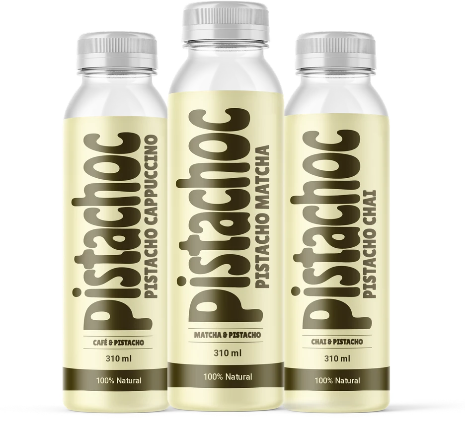 Tres botellas PistaChoc: Pistacho Cappuccino, Pistacho Matcha y Pistacho Chai